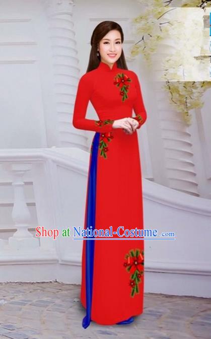 Top Grade Asian Vietnamese Traditional Dress, Vietnam Bride Ao Dai Hand Printing Flowers Dress, Vietnam Princess Red Dress Cheongsam Clothing for Women