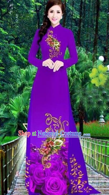 Top Grade Asian Vietnamese Traditional Dress, Vietnam Bride Ao Dai Dress, Princess Wedding Printing Peony Dress Purple Cheongsam Clothing for Women