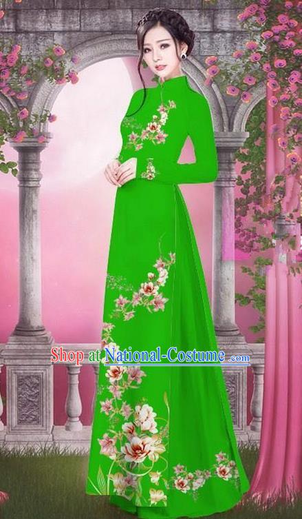 Top Grade Asian Vietnamese Traditional Dress, Vietnam Bride Ao Dai Printing Peach Blossom Flowers Dress, Vietnam Princess Green Dress Cheongsam Clothing for Women