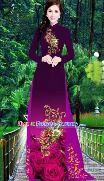 Top Grade Asian Vietnamese Traditional Dress, Vietnam Bride Ao Dai Dress, Princess Wedding Printing Peony Dress Wine Red Cheongsam Clothing for Women