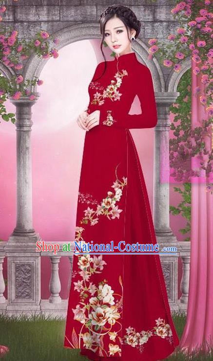 Top Grade Asian Vietnamese Traditional Dress, Vietnam Bride Ao Dai Printing Peach Blossom Flowers Dress, Vietnam Princess Wine Red Dress Cheongsam Clothing for Women