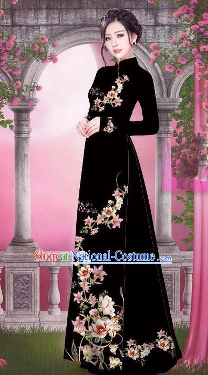 Top Grade Asian Vietnamese Traditional Dress, Vietnam Bride Ao Dai Printing Peach Blossom Flowers Dress, Vietnam Princess Black Dress Cheongsam Clothing for Women