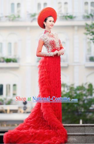 Top Grade Asian Vietnamese Traditional Dress, Vietnam Bride Ao Dai Dress, Vietnam Princess Wedding Veil Dress Red Cheongsam Clothing for Women