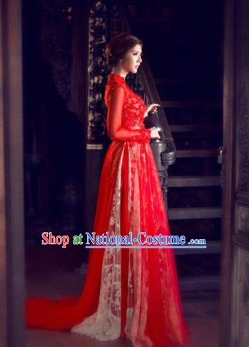 Top Grade Asian Vietnamese Traditional Dress, Vietnam Bride Ao Dai Dress, Vietnam Princess Wedding Lace Veil Dress Red Cheongsam Clothing for Women