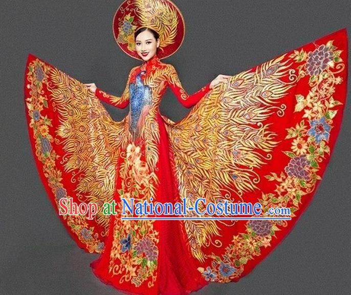 Top Grade Asian Vietnamese Traditional Dress, Vietnam Bride Ao Dai Dress, Vietnam Princess Wedding Hand Painting Phoenix Dress Cheongsam Clothing for Women