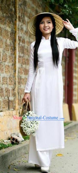 Top Grade Asian Vietnamese Traditional Dress, Vietnam Bride Ao Dai Dress, Vietnam Princess Wedding White Silk Dress Cheongsam Clothing for Women