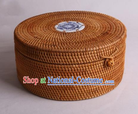 Top Asian Vietnamese Traditional Rattan Plaited Articles, Vietnam Blue and White Porcelain Tea Caddy Handicraft Canister