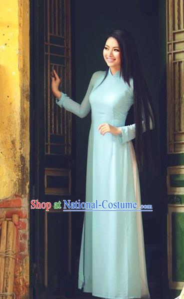 Top Grade Asian Vietnamese Traditional Dress, Vietnam Bride Ao Dai Dress, Vietnam Princess Wedding Blue Silk Dress and Loose Pants Cheongsam Clothing for Women