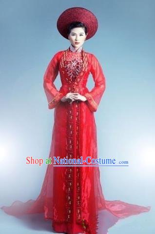 Top Grade Asian Vietnamese Traditional Dress, Vietnam Bride Ao Dai Dress, Vietnam Princess Wedding Red Veil Full Dress Cheongsam Clothing for Women