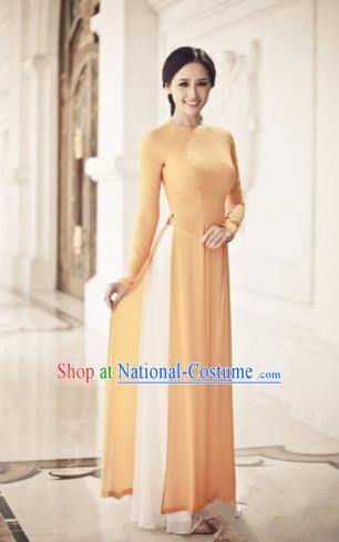 Top Grade Asian Vietnamese Traditional Dress, Vietnam Ao Dai Dress, Vietnam Princess Orange Full Dress and Pants Cheongsam Clothing for Women