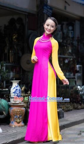 Top Grade Asian Vietnamese Traditional Dress, Vietnam Ao Dai Dress, Vietnam Princess Rose Silk Full Dress and Pants Cheongsam Clothing for Women