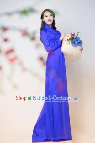 Top Grade Asian Vietnamese Traditional Dress, Vietnam Ao Dai Dress, Vietnam Princess Silk Blue Dress and Pants Hat Complete Set Cheongsam Clothing for Women