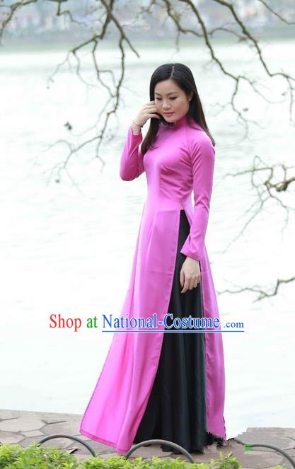 Top Grade Asian Vietnamese Traditional Dress, Vietnam National Ao Dai Dress, Vietnam Princess Rose Dress and Pants Complete Set Cheongsam Clothing for Women