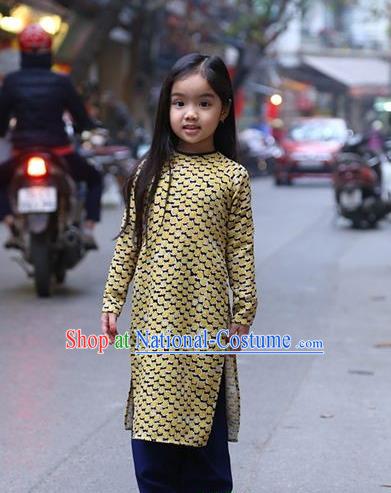 Top Grade Asian Vietnamese Traditional Dress, Vietnam National Children Ao Dai Dress, Vietnam Girls Golden Dress Cheongsam Clothing for Kids