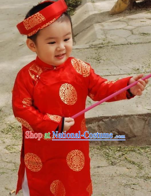 Top Grade Asian Vietnamese Traditional Dress, Vietnam National Children Ao Dai Dress, Vietnam Girls Red Dress Cheongsam Clothing for Kids