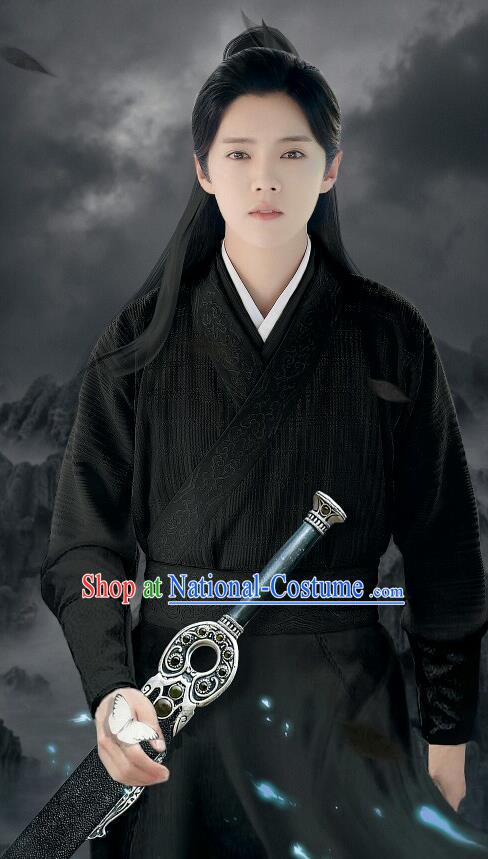 Chinese Ancient Tang Dynasty Swordsman Costume and Headpiece Complete Set, Fighter of the Destiny Traditional Chinese Ancient Kawaler Master Black Clothing for Men