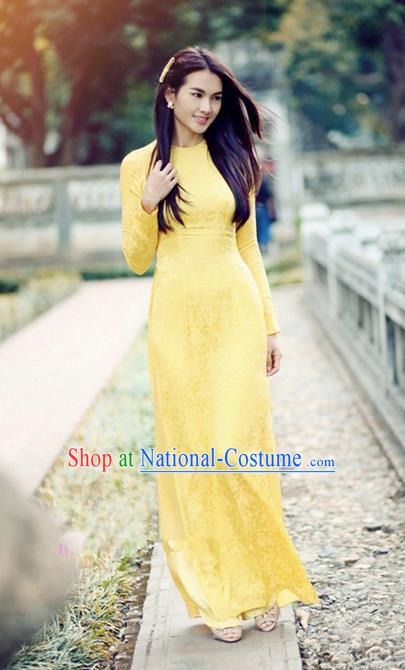 Top Grade Asian Vietnamese Traditional Dress, Vietnam National Dowager Ao Dai Dress, Vietnam Yellow Dress and Pants Complete Set Cheongsam Clothing for Woman