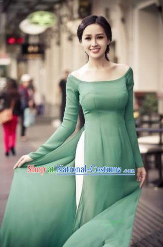 Top Grade Asian Vietnamese Traditional Dress, Vietnam National Dowager Ao Dai Dress, Vietnam Green Dress and Pants Complete Set Cheongsam Clothing for Woman