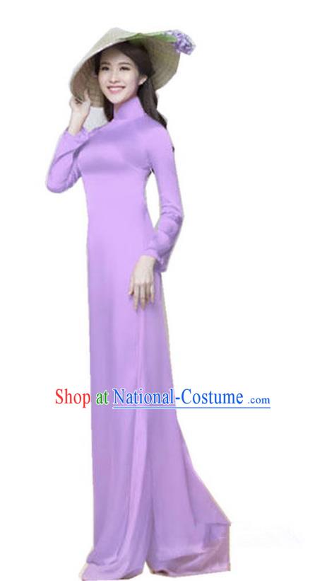 Top Grade Asian Vietnamese Traditional Dress, Vietnam National Dowager Ao Dai Dress, Vietnam Purple Silk Cheongsam Dress and Pants Complete Set for Woman