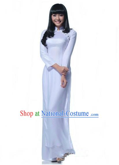 Top Grade Asian Vietnamese Traditional Dress, Vietnam National Young Lady Ao Dai Dress, Vietnam Bride White Cheongsam and Pants Wedding Clothing for Women