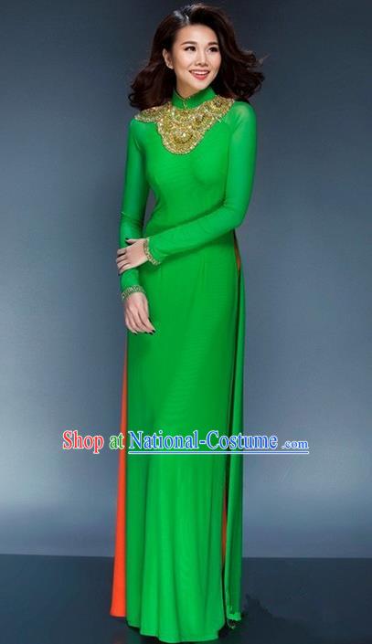 Top Grade Asian Vietnamese Traditional Dress, Vietnam National Young Lady Ao Dai Dress, Vietnam Bride Green Cheongsam and Pants Complete Set for Women