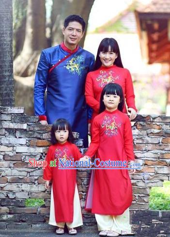 Top Grade Asian Vietnamese Traditional Dress, Vietnam National Family Ao Dai Dress, Vietnam Parent-child Outfit Cheongsam Clothing Complete Set