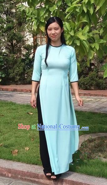 Top Grade Asian Vietnamese Traditional Dress, Vietnam National Young Lady Ao Dai Dress, Vietnam Bride Blue Cheongsam and Pants Complete Set for Women