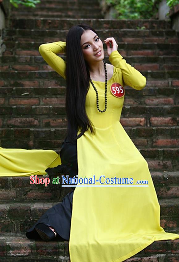 Top Grade Asian Vietnamese Traditional Dress, Vietnam National Young Lady Ao Dai Dress, Vietnam Bride Yellow Cheongsam and Pants Complete Set for Women