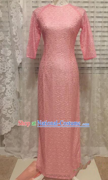 Top Grade Asian Vietnamese Traditional Dress, Vietnam National Young Lady Ao Dai Dress, Vietnam Lady Pink Lace Cheongsam for Women