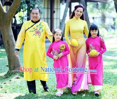 Top Grade Asian Vietnamese Traditional Dress, Vietnam National Family Ao Dai Dress, Vietnam Parent-child Outfit Cheongsam Clothing Complete Set