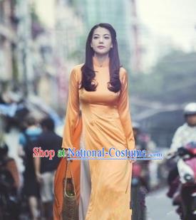 Top Grade Asian Vietnamese Traditional Dress, Vietnam National Female Ao Dai Dress, Vietnam Princess Orange Silk Cheongsam Wedding Clothing for Women