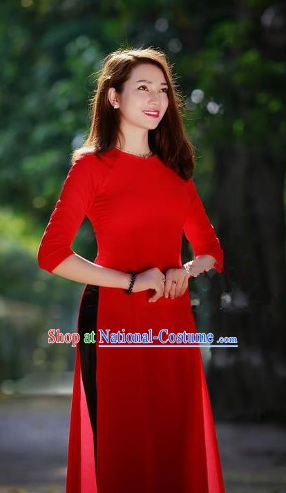 Top Grade Asian Vietnamese Traditional Dress, Vietnam National Young Lady Ao Dai Dress, Vietnam Princess Bride Red Cheongsam Dress and Pants for Women