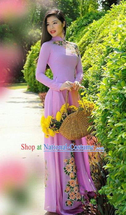 Top Grade Asian Vietnamese Traditional Dress, Vietnam National Dowager Ao Dai Dress, Vietnam Pink Dress Printing Daisy Cheongsam Clothing for Woman