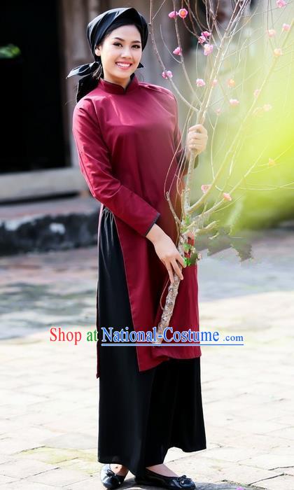 Top Grade Asian Vietnamese Traditional Dress, Vietnam National Dowager Ao Dai Dress, Vietnam Wine Red Cheongsam and Pants Clothing for Woman