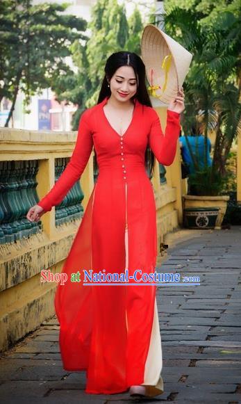 Top Grade Asian Vietnamese Traditional Dress, Vietnam National Dowager Ao Dai Dress, Vietnam Red Chiffon Cheongsam and Pants Clothing for Woman