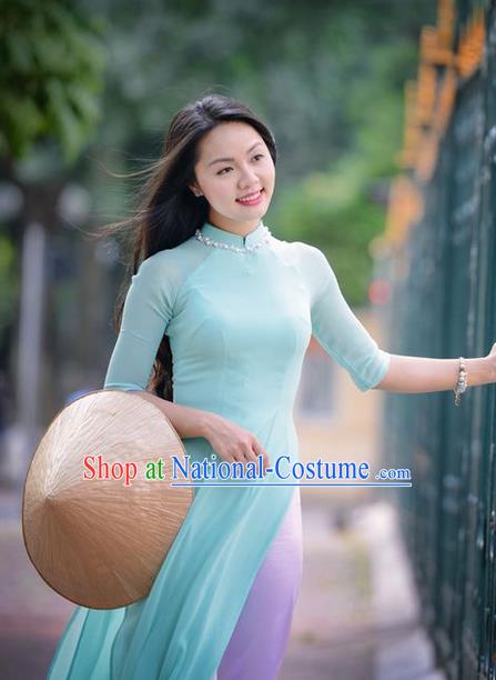 Top Grade Asian Vietnamese Traditional Dress, Vietnam National Dowager Ao Dai Dress, Vietnam Blue Silk Cheongsam Dress and Pants for Woman