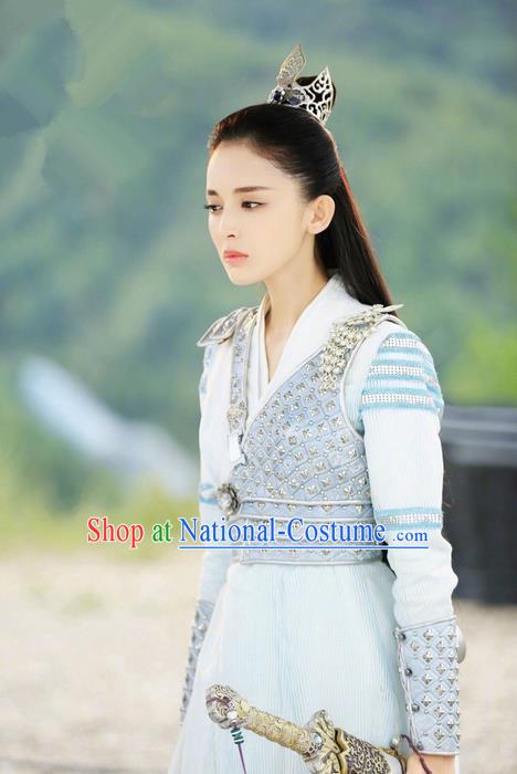 Chinese Ancient Tang Dynasty Swordswoman Armour Costume and Headwear Complete Set, Fighter of the Destiny Traditional Chinese Ancient General Clothing for Women