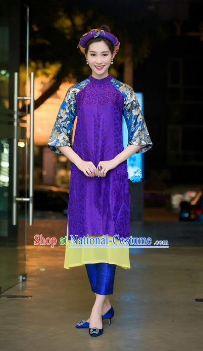 Top Grade Asian Vietnamese Traditional Dress, Vietnam National Princess Ao Dai Dress, Vietnam Purple Ao Dai Cheongsam Dress Headwear Clothing Complete Set for Woman