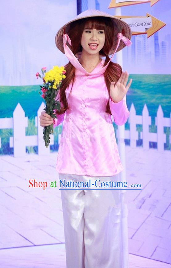 Top Grade Asian Vietnamese Traditional Dress, Vietnam National Farmwife Ao Dai Dress, Vietnam Pink Ao Dai Blouse and Pants for Woman