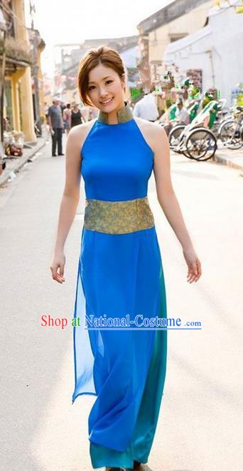 Top Grade Asian Vietnamese Traditional Dress, Vietnam National Farmwife Ao Dai Dress, Vietnam Blue Ao Dai Cheongsam Full Dress for Woman