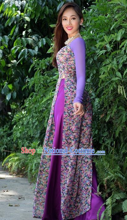 Top Grade Asian Vietnamese Traditional Dress, Vietnam National Princess Ao Dai Dress, Vietnam Purple Printing Ao Dai Cheongsam Dress and Pants Clothing for Woman