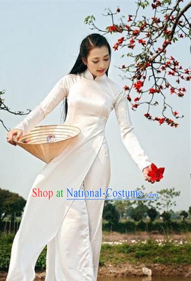 Top Grade Asian Vietnamese Traditional Dress, Vietnam National Princess Ao Dai Dress, Vietnam White Ao Dai Cheongsam Dress Clothing for Woman