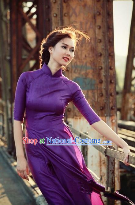 Top Grade Asian Vietnamese Traditional Dress, Vietnam National Princess Ao Dai Dress, Vietnam Purple Ao Dai Cheongsam Dress Clothing for Woman