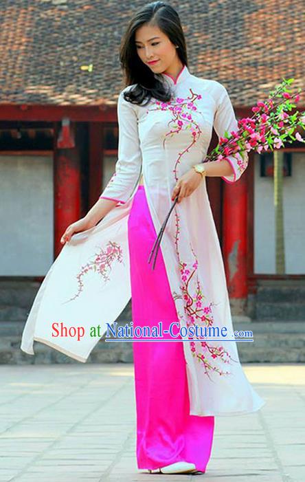 Top Grade Asian Vietnamese Traditional Dress, Vietnam National Princess Ao Dai Dress, Vietnam White Embroidered Ao Dai Cheongsam Dress and Pants Clothing for Woman