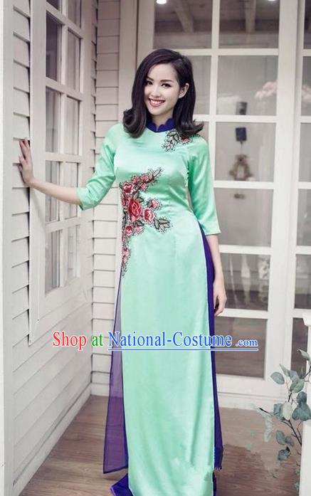 Top Grade Asian Vietnamese Traditional Dress, Vietnam National Princess Ao Dai Dress, Vietnam Green Patch Embroidered Ao Dai Cheongsam Dress and Pants Clothing for Woman