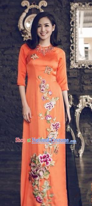 Top Grade Asian Vietnamese Traditional Dress, Vietnam National Princess Ao Dai Dress, Vietnam Orange Patch Embroidered Ao Dai Cheongsam Dress and Pants Clothing for Woman