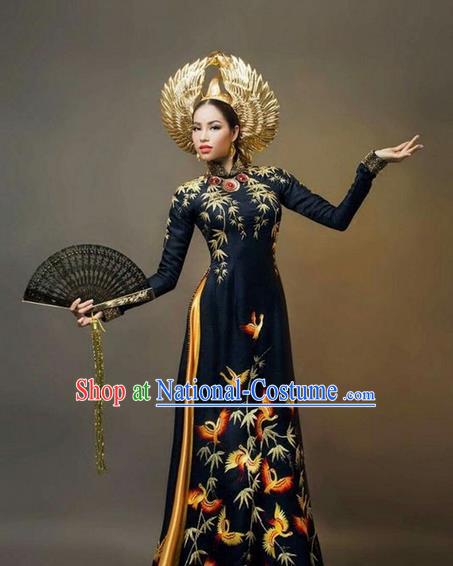 Top Grade Asian Vietnamese Traditional Dress, Vietnam National Queen Ao Dai Dress, Vietnam Palace Royal Empress Black Ao Dai Cheongsam Dress Clothing for Woman