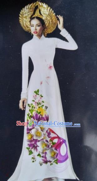 Top Grade Asian Vietnamese Traditional Dress, Vietnam National Queen Ao Dai Dress, Vietnam Palace Princess White Printing Ao Dai Cheongsam Dress Clothing for Woman