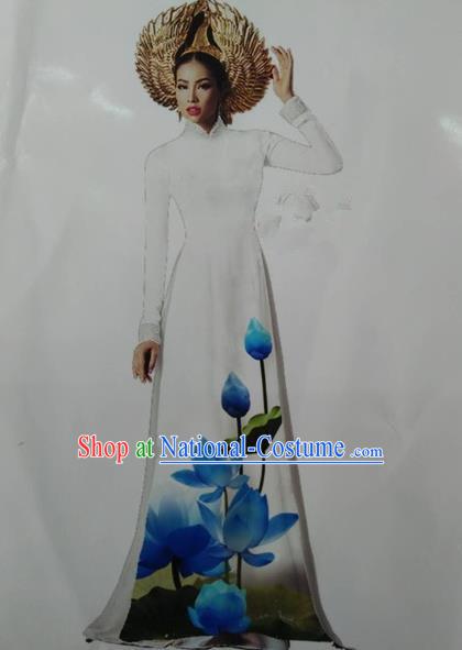 Top Grade Asian Vietnamese Traditional Dress, Vietnam National Queen Ao Dai Dress, Vietnam Palace Princess White Printing Lotus Ao Dai Cheongsam Dress Clothing for Woman