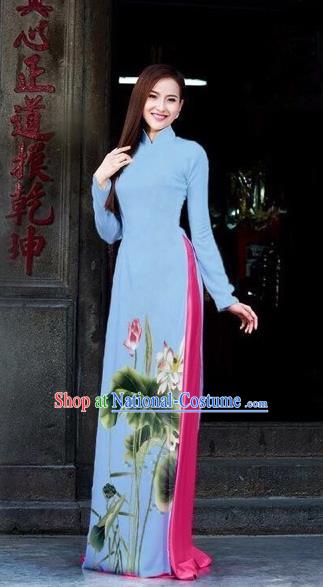 Traditional Top Grade Asian Vietnamese Dress, Vietnam National Female Ao Dai Dress Women Blue Printing Lotus Cheongsam Clothing